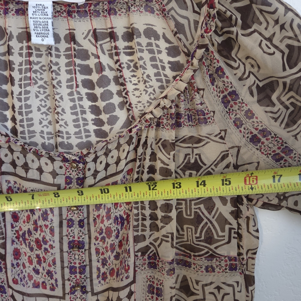 Diane Von Furstenberg Womens Ruffle Blouse 100% Silk Geometric BrownCream Size 0 - Picture 15 of 15